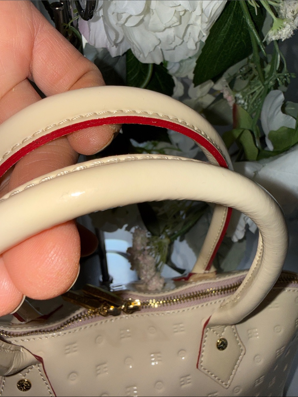 Arcadia Cream Patent Satchel with Red Trim - Picture 7 of 14